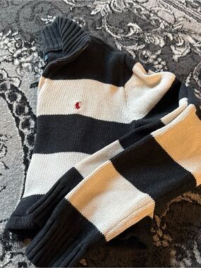 Polo by Ralph Lauren Black and White Striped Half-Zip Cropped Sweater